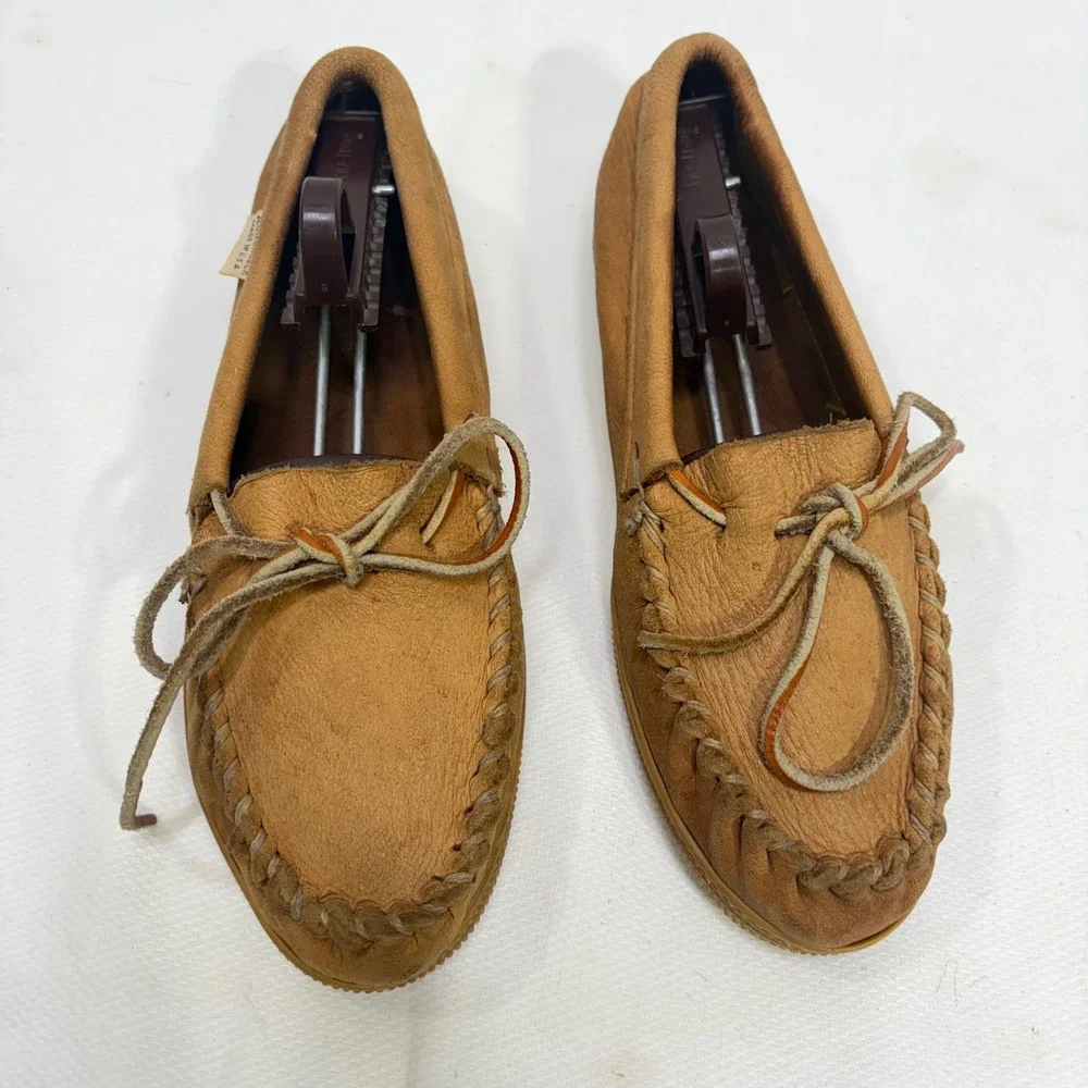 Adirondack Deerskin Leather Moccasins Tan Made in USA Mens 9 Loafers Slippers